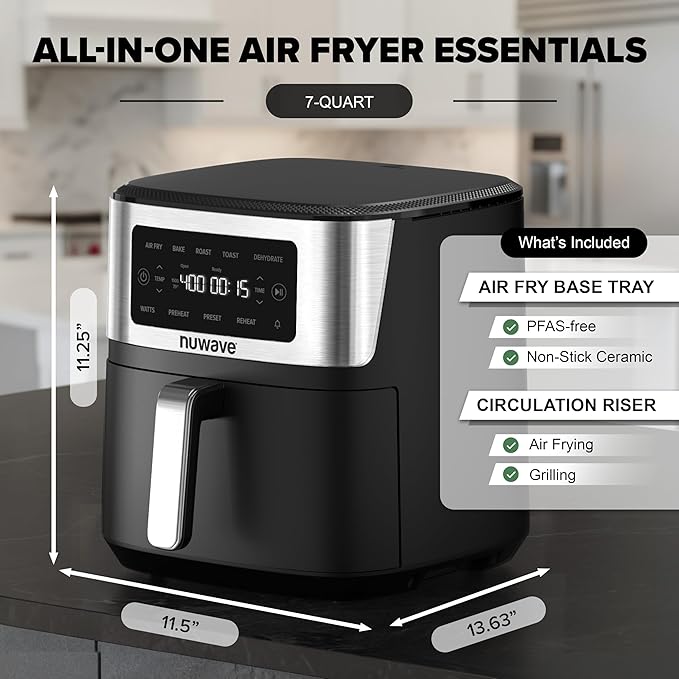 Nuwave Brio Plus 6-in-1 Air Fryer, 7-Qt Large Capacity, 50°F–400°F Precise Temp Control, Non-Toxic PFAS-Free Nonstick, Air Fry, Bake, Roast, Toast, Dehydrate, Reheat, 100 Presets, Dishwasher Safe