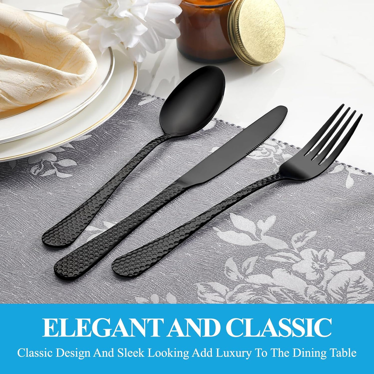 60 Pcs Black Hammered Silverware Set Service for 12,Stainless Steel Flatware Set,Mirror Polished Cutlery Utensil Set,Durable Kitchen Eating Tableware Set,Include Fork Knife Spoon Set,Dishwasher Safe
