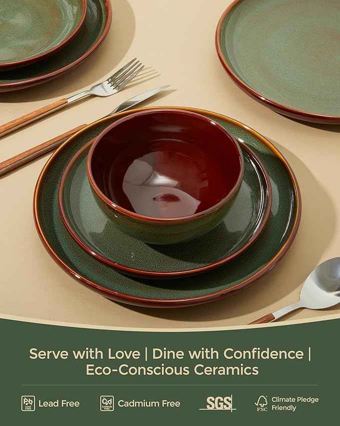 Plates and Bowls Sets for 8, 24 Piece Dinnerware Set for Large Families & Entertaining, Elegant Design, Dishwasher & Microwave Safe, Chip Resistant and Durable, Sage Green