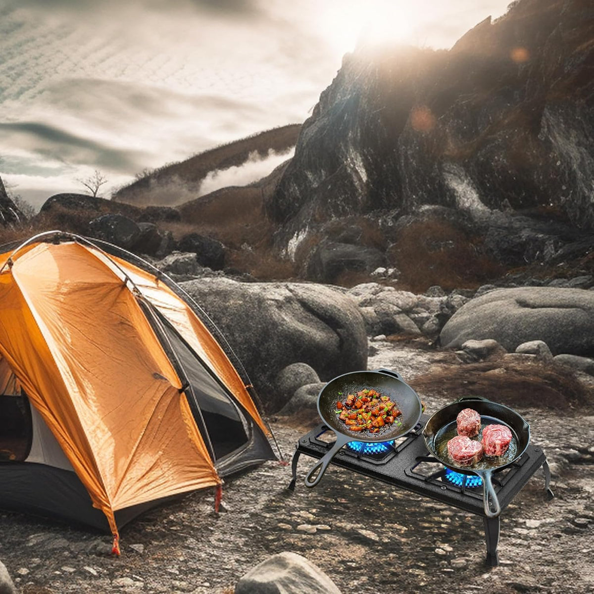 Vivicreate Cast Iron Propane Gas Stove Double Burner Heavy Duty Portable Removable Outdoor Cooker 200LB Support High Heat for Camping BBQ Fogon de Gas Estufa de Gas Portatil Parrillas de Gas
