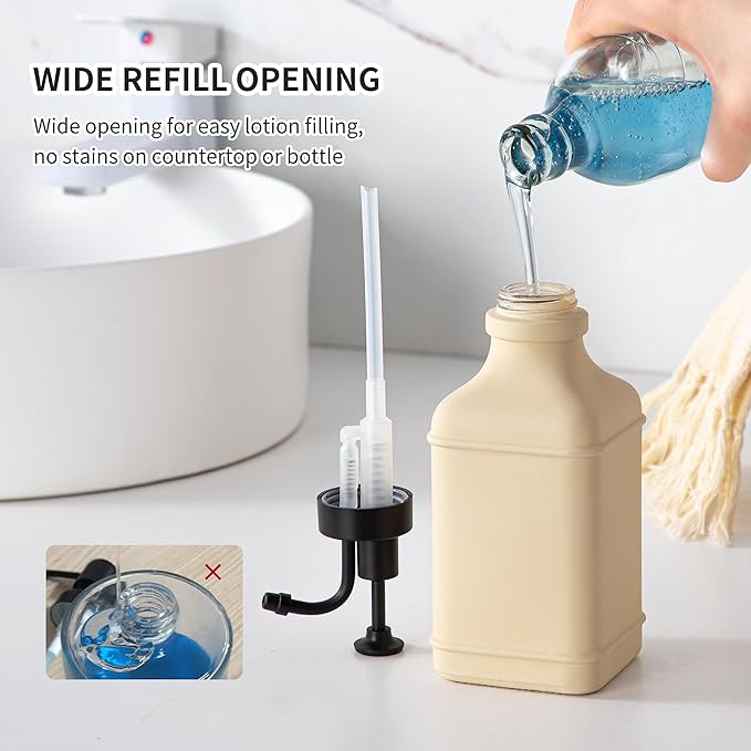Enra Glass Soap Dispenser with Clear Window,12oz Matte Stainless Steel Hand Pump Dispenser,Hand and Liquid Soap Dispenser Rust Proof Countertop Lotion Bottle (Beige-Square-Liquid)