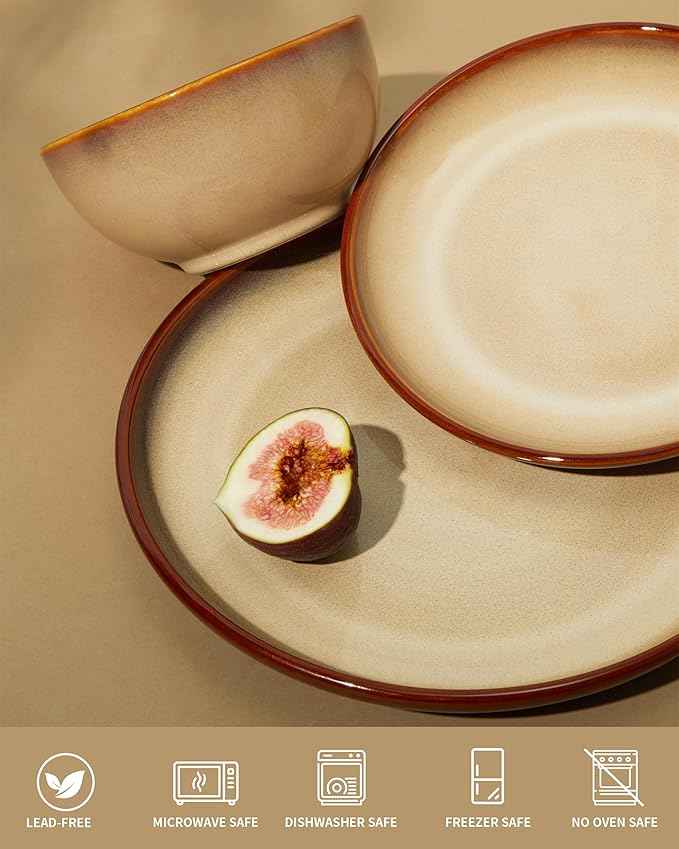 Stoneware Dinnerware Sets, Ceramic Plates and Bowls Set, Microwave & Dishwasher Safe Kitchen Dish Set, Modern Dinner Salad Plates | Cereal Bowls for 4, Dishware Sets Brown Yellow