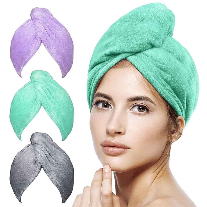 POPCHOSE Microfiber Hair Towel Wrap, 3 Packs Fast Drying Hair Turbans, Super Absorbent Hair Towel for Women, Stocking Stuffers for Women, Anti Frizz Hair Wrap Towels Wet, Curly, Longer, Thicker Hair
