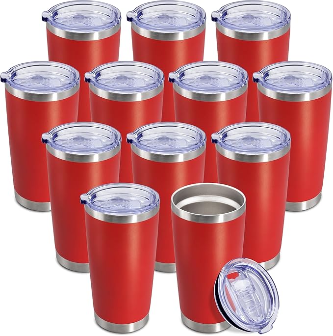 20 oz Tumbler Coffee Travel Tumblers Bulk with Lid Stainless Steel Double Wall Vacuum Insulated Mug Powder Coated Cups fit Car Cupholder for Hot and Cold - Red, 12Pack