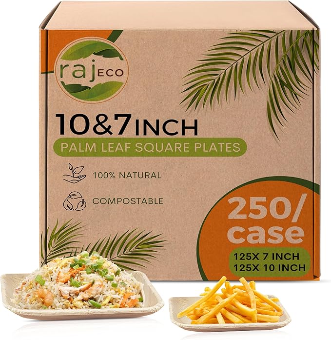 Raj Palm Leaf Plates Bulk [50-Pack] 10" & 7" Square Plates (5 CASES - 250 PACK) like Bamboo plates Disposable, Strong, Decorative Compostable Tableware for weddings, Lunch, Dinners