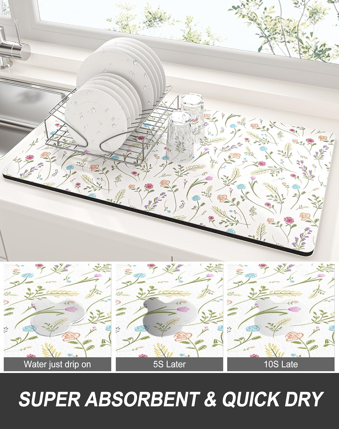Rnivvi Dish Drying Mat for Kitchen Counter, 12 x 19" Cute Flower Theme Super Absorbent Draining Pad, Non-Slip Heat Resistant Coffee Bar Mat for Coffee Machine Station Accessories, White Dish Rack Pad