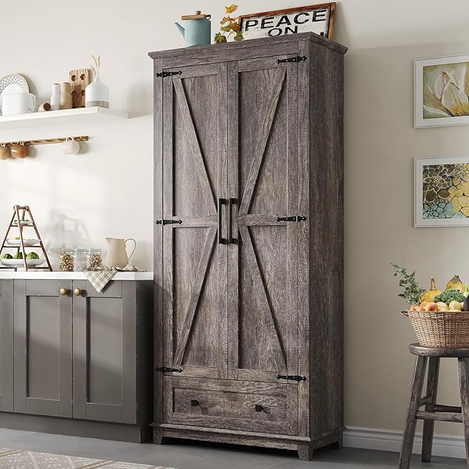 Farmhouse Kitchen Pantry Cabinet, 72" Tall Storage Cabinet with Adjustable Shelves & Barn Doors, Freestanding Kitchen Cupboard for Dining Room, Living Room, Gray