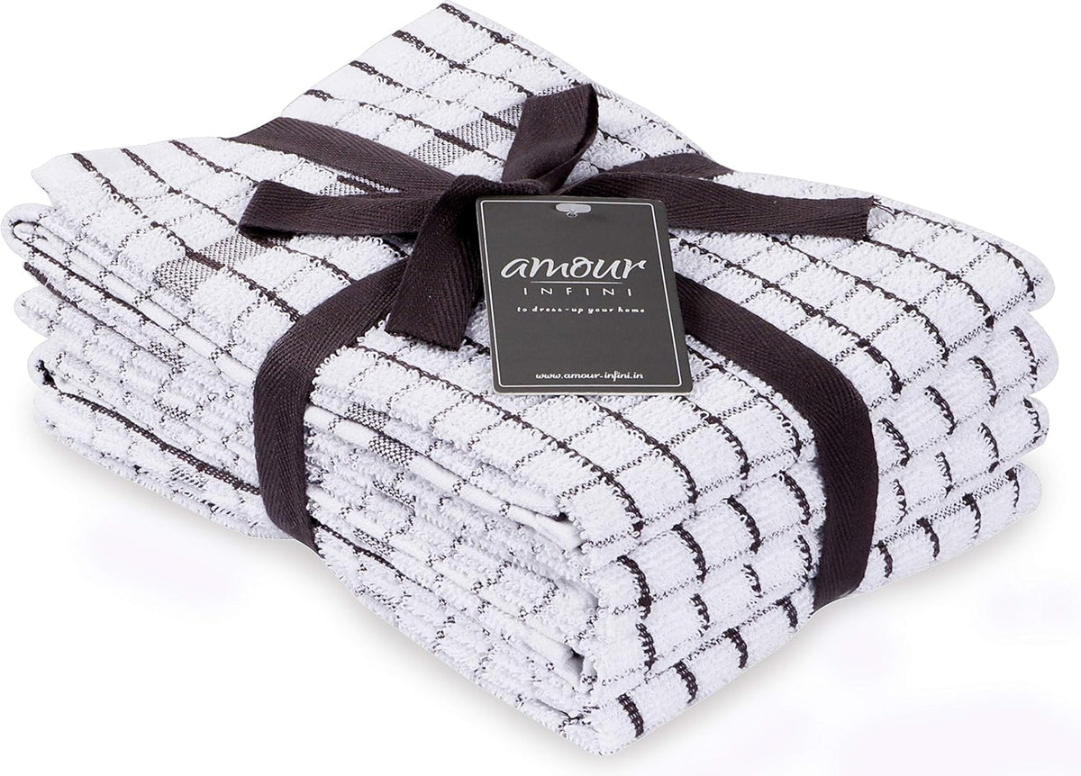 AMOUR INFINI Kitchen Towels Set of 4 - Highly Absorbent, Super Soft Terry Cotton 20x28 Inch Dish Towels with Hanging Loop - Hand & Tea Towels for Cleaning & Drying Dishes (D.Grey)