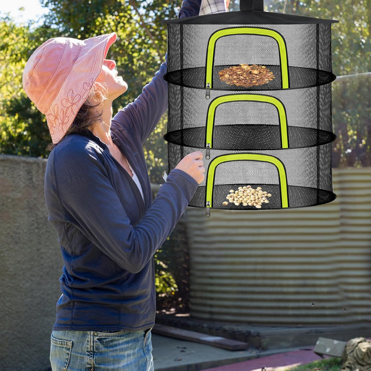 3 Layer Herb Drying Rack, Herb Drying Rack Hanging Mesh, Foldable Bud Drying Net with U-Shaped Zipper, Hooks, for Drying Herbs Plants, Flowers, Fruits, Food, Camping (3 Layers-23.62'')