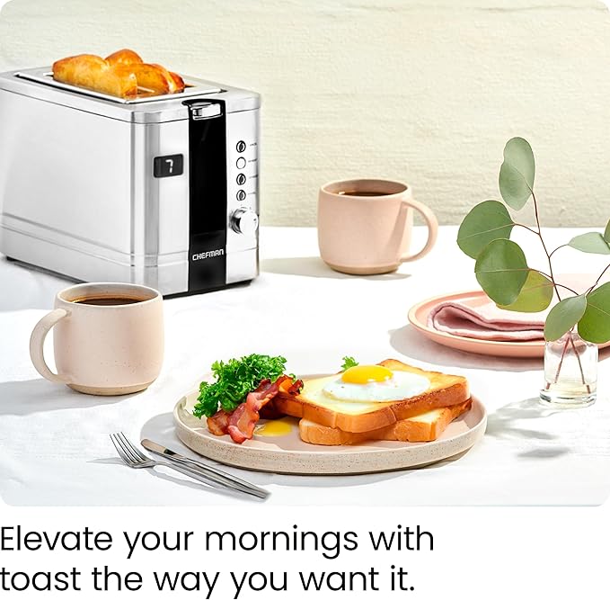 Chefman 2-Slice Digital Toaster, Pop-Up, Stainless Steel, Extra-Wide Slots For Bagels, Defrost, Reheat, Cancel Functions, Removable Crumb Tray