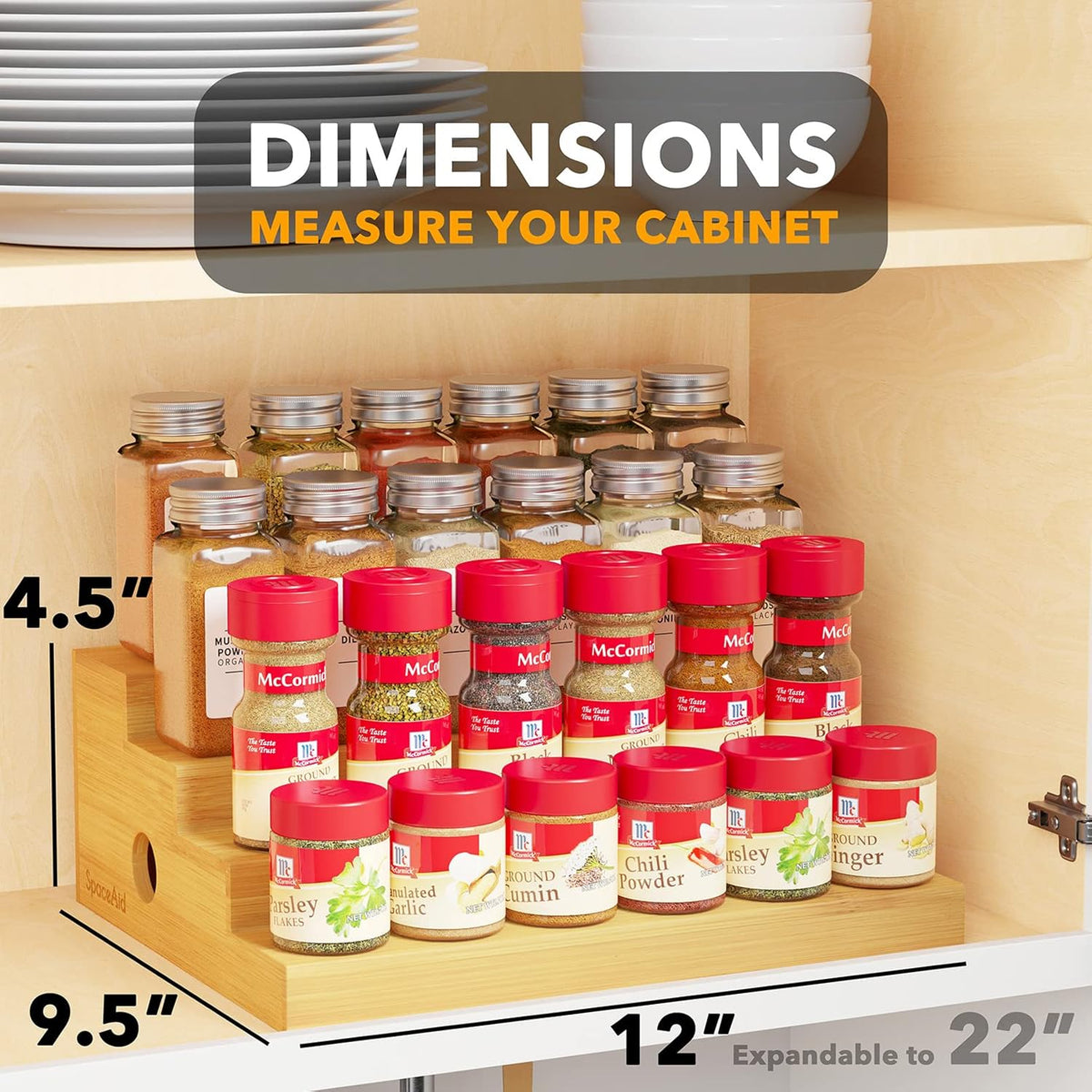 SpaceAid 4 Tier Bamboo Spice Rack Organizer for Cabinet, Kitchen Pantry Spices Storage Rack for Cabinets Organization, Home Seasoning Tiered Can Goods Racks Wood Shelf Organizers (4 Tier, Natural)