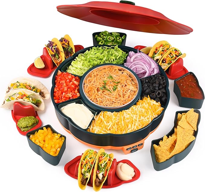 Taco Tuesday Kit, Taco Bar Serving Set for a Party with 3-Temp Control, 33oz Heated Pot, 6 Removable Trays & 4 Taco Holders, Lazy Susan Taco Bar for Burritos, Nachos, and Fajitas, Christmas Gift