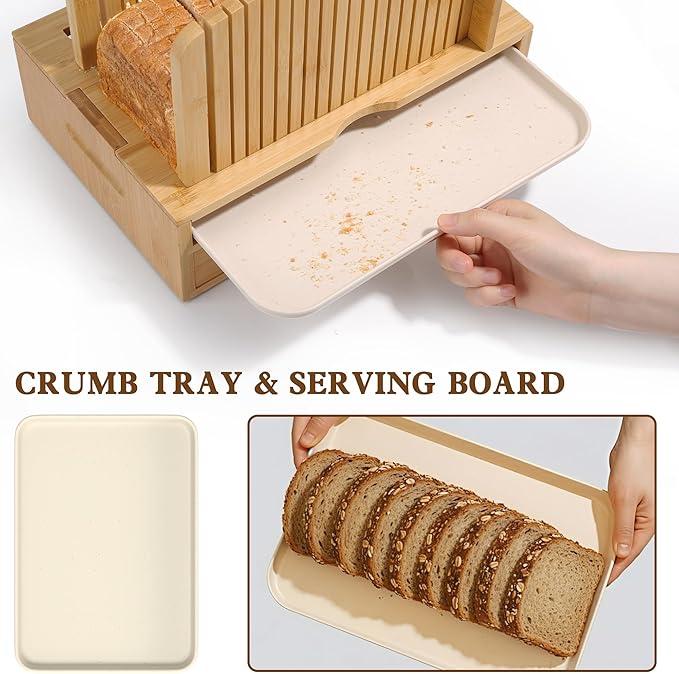 LOHASOK Bamboo Bread Slicer Guide: Bread Cutter for Homemade Bread Loaf - Adjustable and Foldable with Crumb Tray
