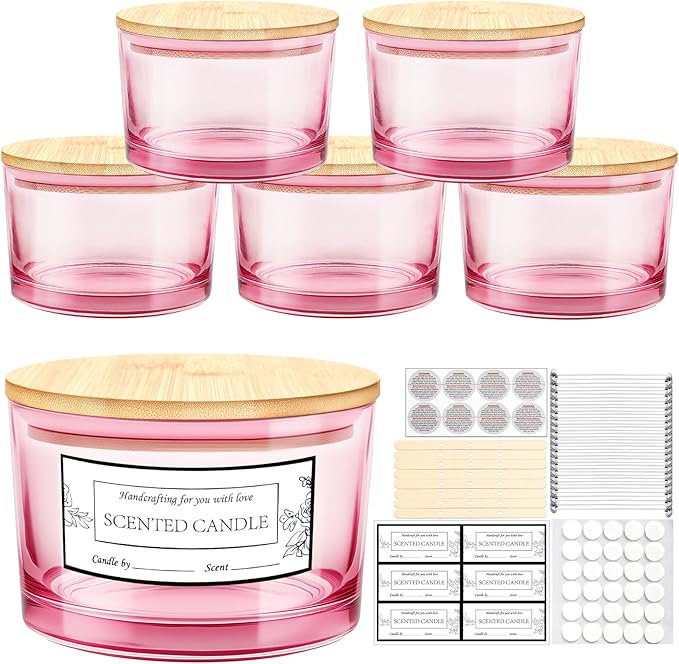 CONNOO 24oz Pink Thick Glass Candle Jars 6 Pack, Multi-Wick Wide Mouth Empty Bulk Candle Containers for Making Candles with Airtight Bamboo Lids, Sticky Warning Labels, Wick kit- Dishwasher Safe