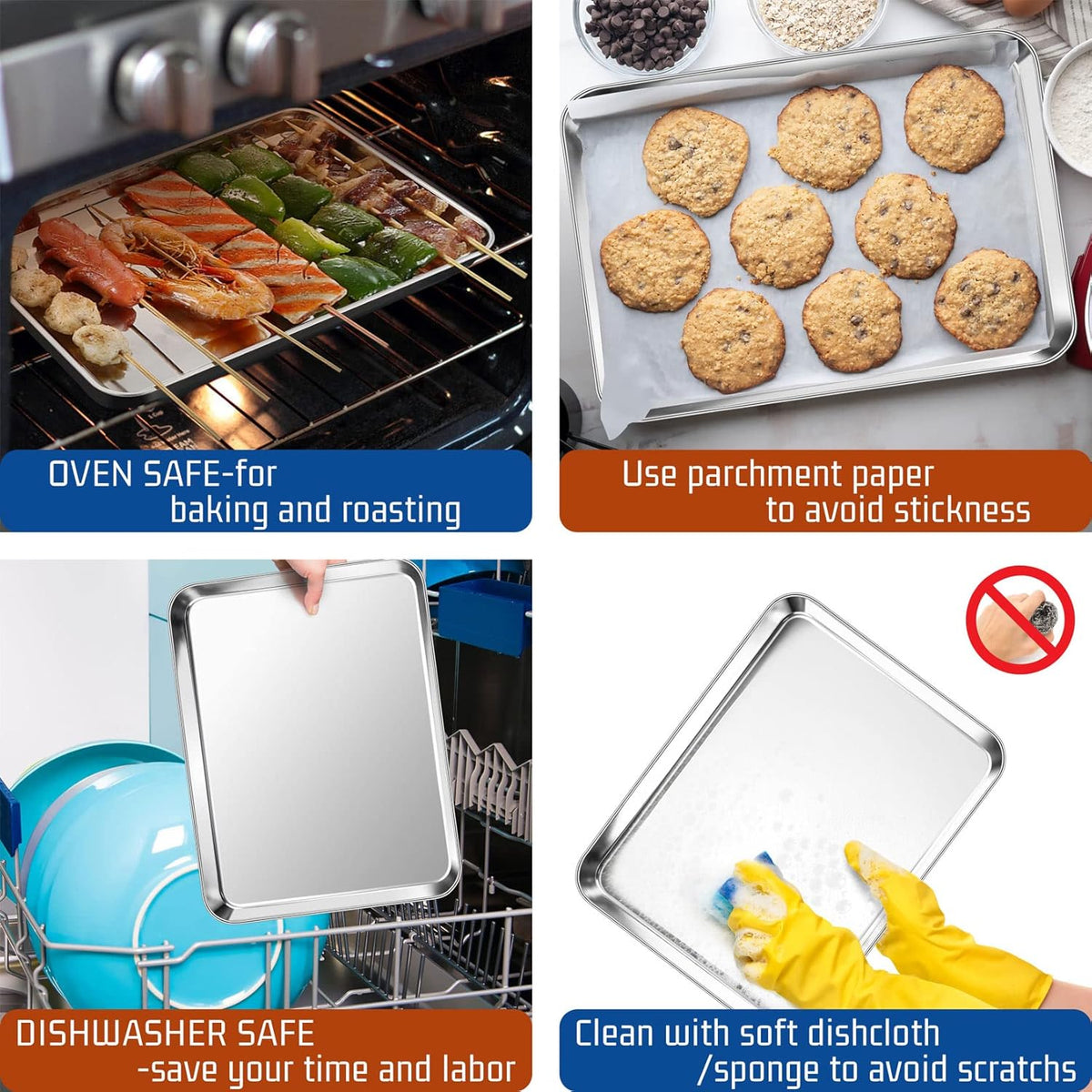 P&P CHEF 12.5 Inch Baking Cookie Sheet, Oven Pan Tray Stainless Steel Sheet Pan for Kitchen, Oven Bakeware for Multi Uses, Shiny Look & Dishwasher Safe, Healthy & Heavy Duty, 4Pcs
