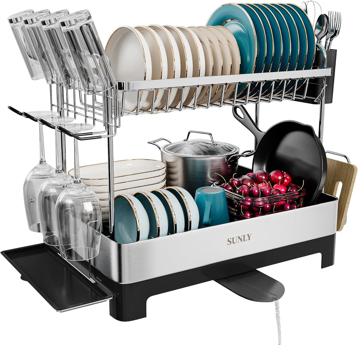 SUNLY 2 Tier Dish Drying Rack, Extra Large Dish Rack, Multifunctional Large Dish Drainers for Kitchen Counter, 304 Stainless Steel Kitchen Drying Rack, Bowl Drying Rack, Extendable Drain Spout, Black