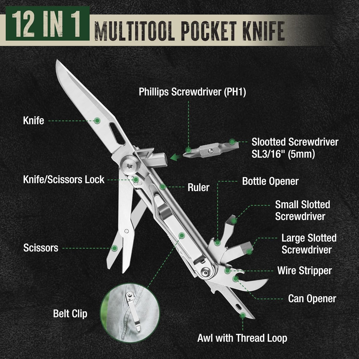 Mossy Oak 12-in-1 Multitool Pocket Knife with Pouch, Stainless Steel Multitool Knife with Clip, Survival Tools with Scissors, Bottle Opener, Wire Stripper, Glass Breaker, Screwdriver