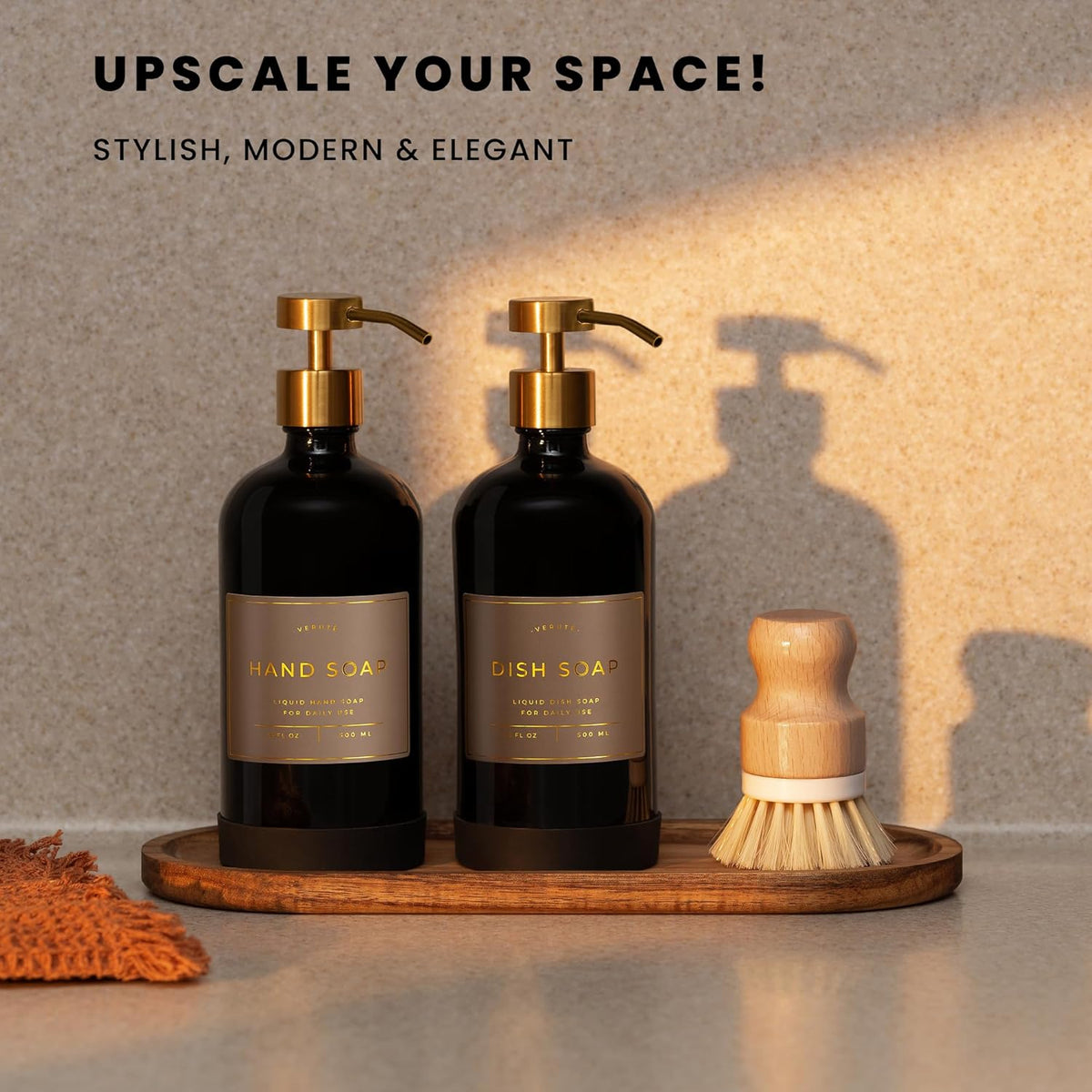 16oz Glass Soap Dispenser with Stainless Steel Pump, 21 Waterproof Labels, Non-Slip Protective Silicone Pad, Set of 2 for Bathroom & Kitchen (Gloss Black Bottle/Brushed Gold Pump)
