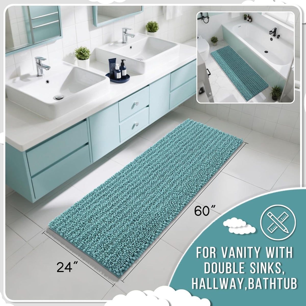 Yimobra Bathroom Runner Rug 60x24 Inch - Extra Long Non Slip Chenille Bath Mat, Soft & Absorbent, Machine Washable Shaggy Hallway Carpet for Vanity Tub Shower, Teal Blue Home Decor Accessories