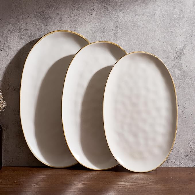 famiware Serving Platter, Oval 15.59/14.3/12.9inch Serving Dishes for Entertaining, Serving Bowls, Dishwasher Safe, Stoneware Serving Trays for Party, Food, Turkey, Cheese, Reactive Glaze, Matte White
