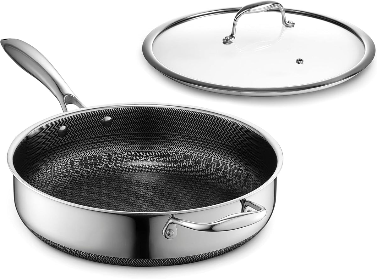 HexClad Hybrid Nonstick 4.5-Quart Deep Sauté Pan with Tempered Glass Lid, Stay-Cool Handle, Dishwasher-Friendly, Oven-Safe Up to 900°F, Induction Ready, Compatible with All Cooktops