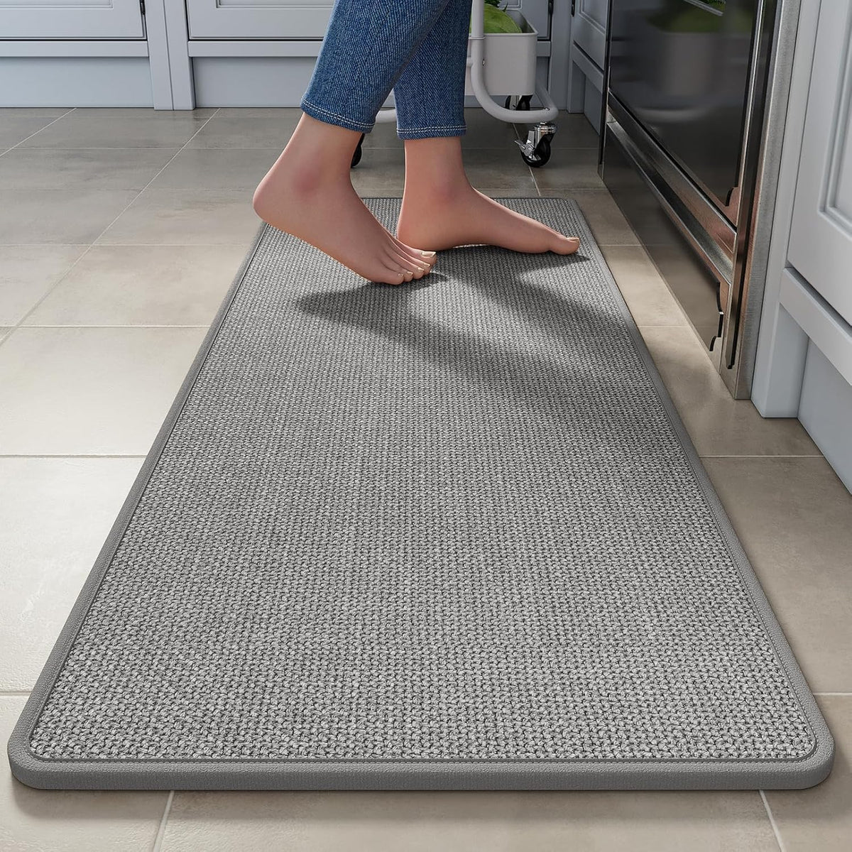 Kitchen Rugs Non Slip Washable Kitchen Mats for Floor, Super Absorbent Oil and Water Linen-Look Woven Runner Rug Sink Mat Standing Mat for Kitchen, Gray 17"x47"