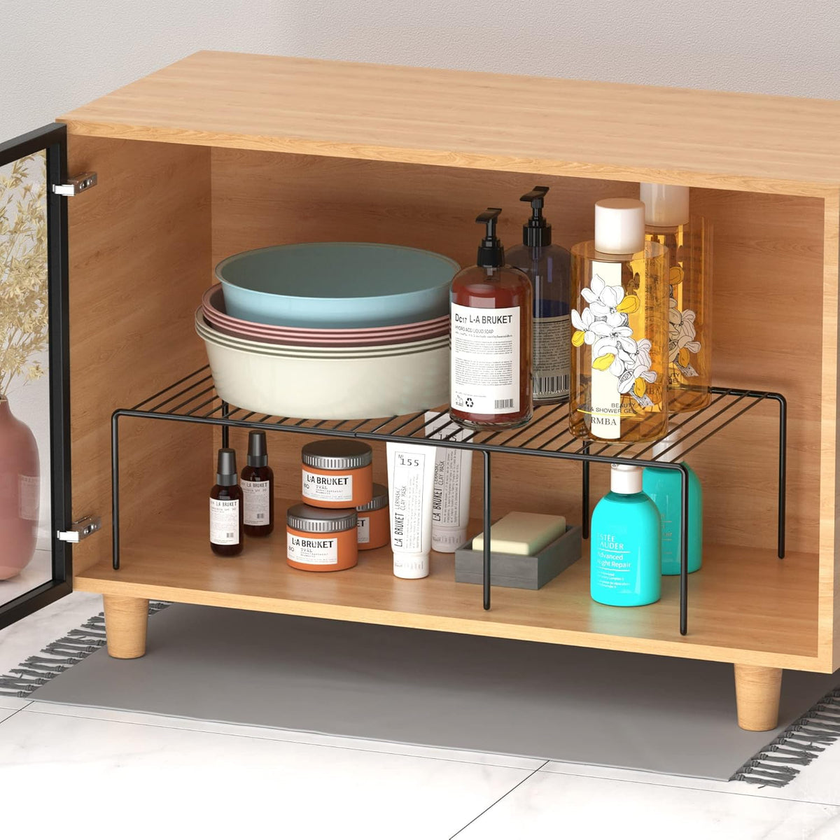 Redrubbit Cabinet Storage Shelf Rack, Expandable Metal Rustproof Kitchen Counter and Cabinet Shelf, Storage Rack Organizer Space Saver for Kitchen, Fridge, Cabinet, Bathroom, Black, Set of 6