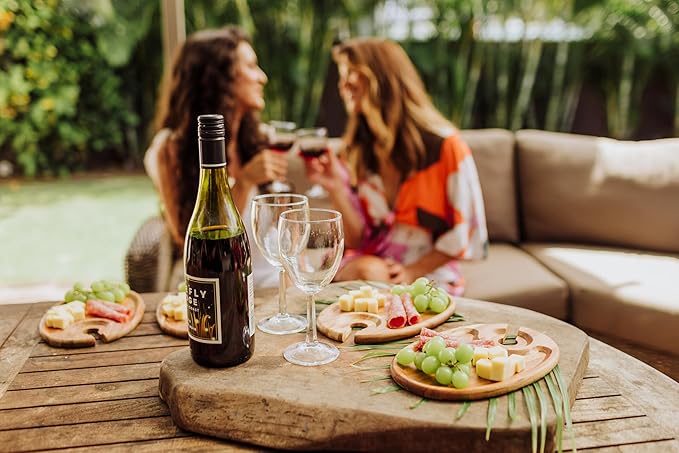 PICNIC TIME Wine Appetizer Plates, Set of 4 Wooden Cocktail Plates with Glass Holder, Mini Charcuterie Boards for Wine and Cheese Parties, Acacia Cheese Board Serving Trays (Oval - Acacia Wood)