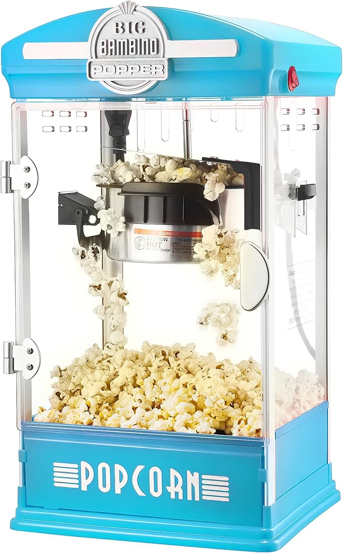Big Bambino Popcorn Machine - Old-Fashioned Popcorn Maker with 4-Oz Kettle, Measuring Cups, Scoop, and Serving Cups by Great Northern Popcorn (Blue)