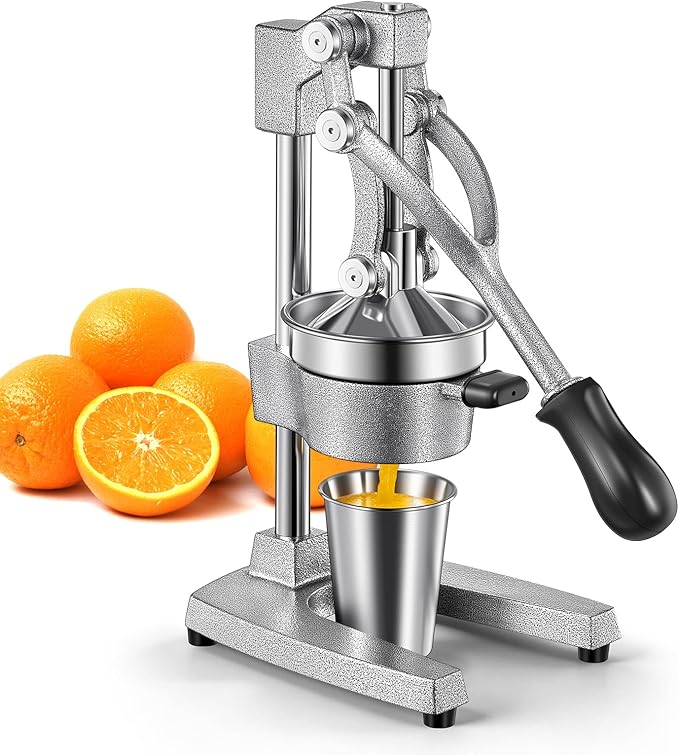 QCen Professional Cast Iron Manual Juicer, Heavy Duty Citrus Press with Stainless Steel Strainer, Easy-to-Clean Hand Squeezer for Orange, Lemon, Lime and Grapefruit - Black (Silver)