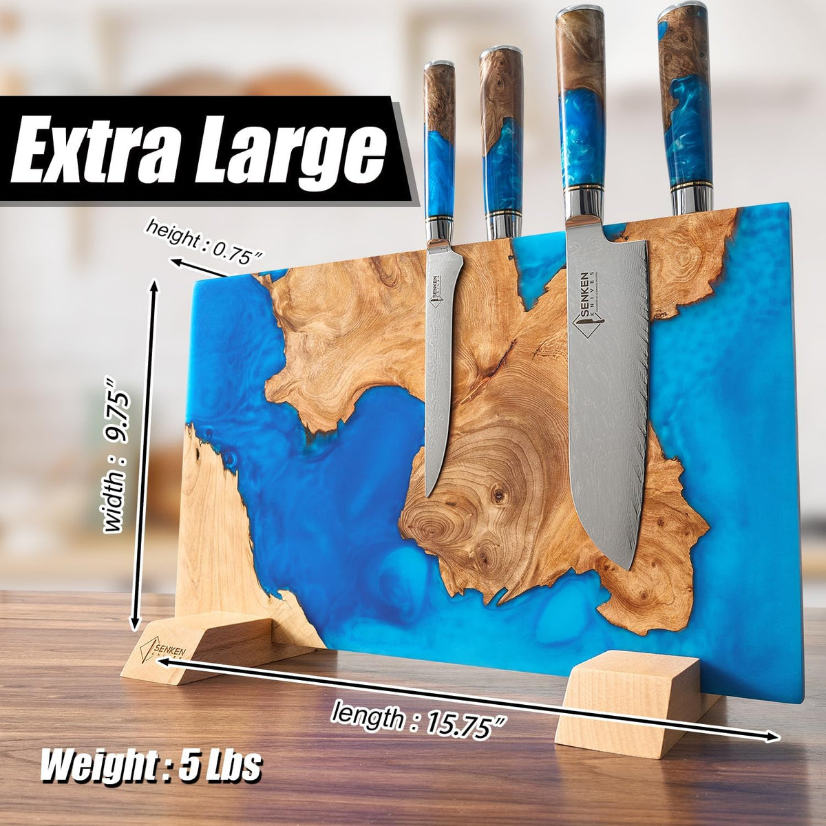 SENKEN "Tsunami" Extra Large Magnetic Knife Block - Holds Up to 16 Knives - Knife Block without Knives, Universal Knife Holder, Beautiful Blue Resin & Natural Wood Blend ("Tsunami" Blue Resin Blend)