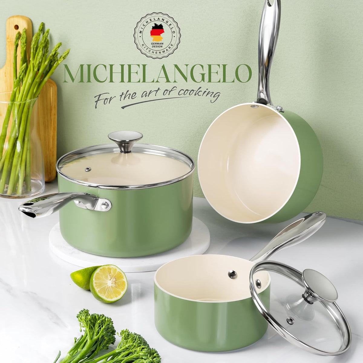 MICHELANGELO Sauce Pan with Lid, Non Stick Saucepan Set of 3-1Qt & 2Qt & 3Qt Small Pots for Cooking, Ceramic Saucepan - Non-Toxic, Scratch-Resistant, Oven Safe, Natural Green