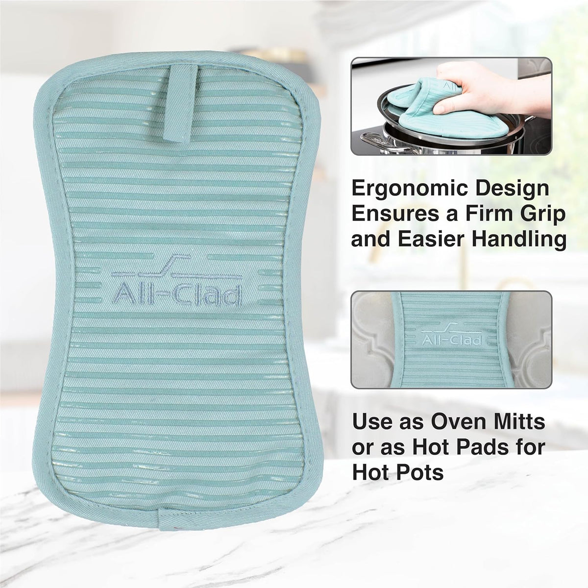 All-Clad Premium Pot Holder & Heating Pad, (2-Pack) Heat Resistant to 500 Degrees, 100% Cotton 10"x6.25" for Kitchen and Barbeque, Rainfall