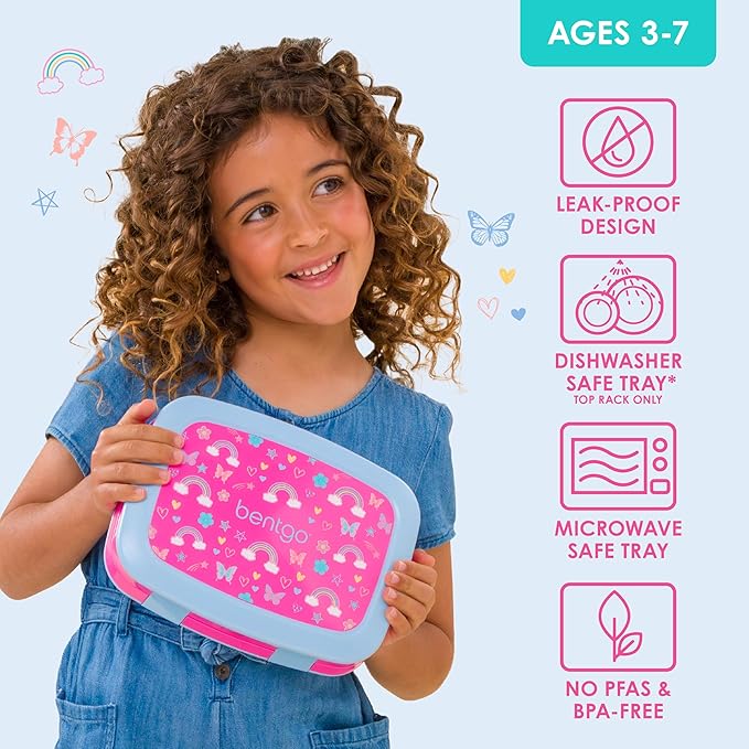 Bentgo Kids Prints Leak-Proof, 5-Compartment Bento-Style Kids Lunch Box - Ideal Portion Sizes for Ages 3-7, Durable, Drop-Proof, Dishwasher Safe, & PFAS & BPA-Free Materials (Rainbows & Butterflies)