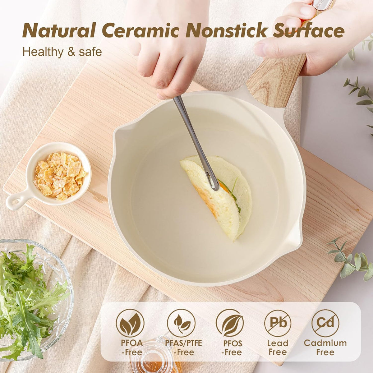 SENSARTE Ceramic Nonstick Sauce Pan with Lid, 1.5 Quart Small Saucepan, White Cooking Pot with Stay Cool Handle, Non toxic Kitchen Sauce Pot, Non stick Saucier Pan, Induction Pot, PFOA PTFE PFAS Free