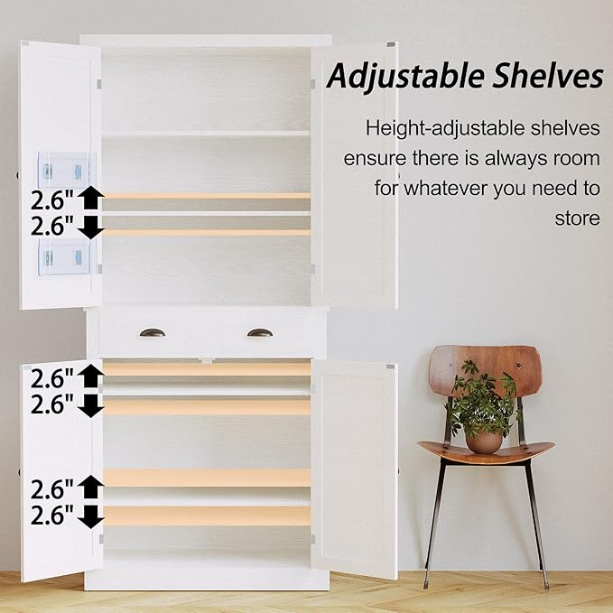 IRONCK Kitchen Pantry Storage Cabinet 72.6" H, with Barn Doors, Drawer, 4 Adjustable Shelves, Freestanding Cupboard, Laundry, White