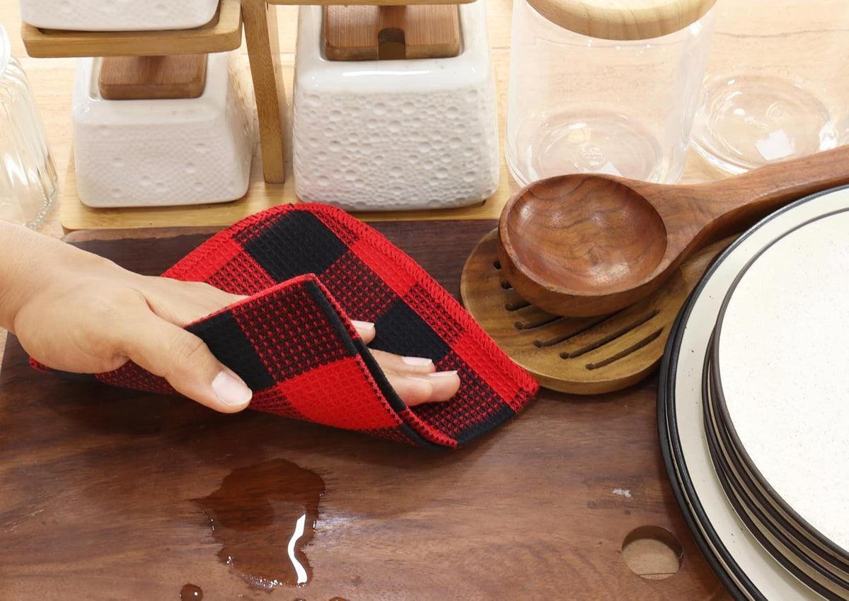 Waffle Weave Plaid Dish Cloths, 100% Cotton - 12 x 12 Inches, Ultra Soft Absorbent Quick Drying Dish Towels Buffalo Check Dish Rags for Kitchen, 8 Pack - Spring and Summer - Red & Black