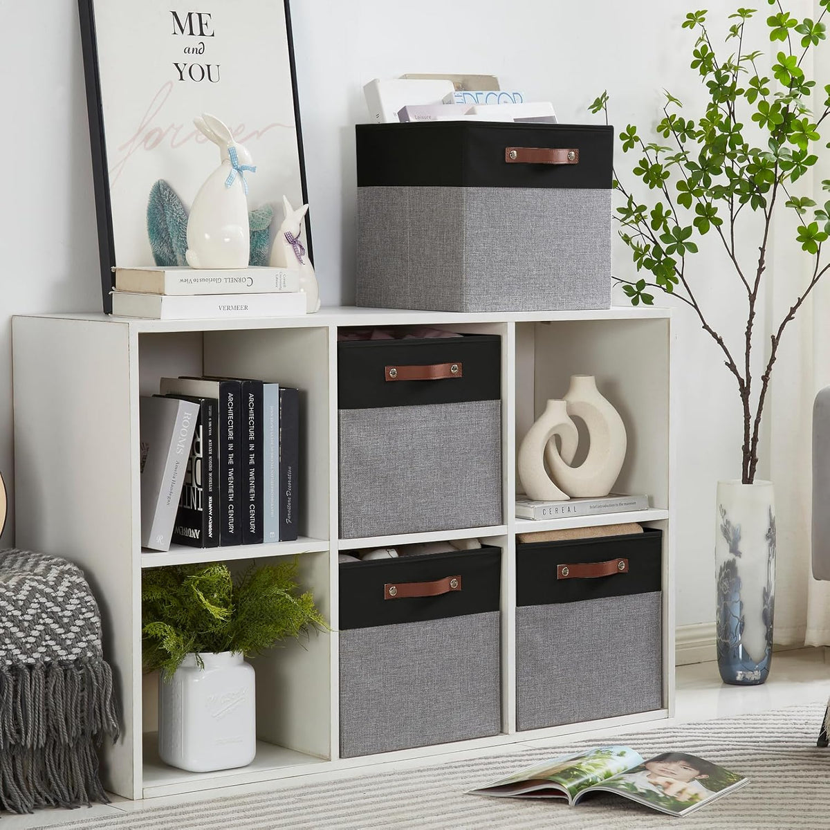 Collapsible Fabric Storage Cube Bins with 2 Reinforced PU Handles, Foldable Storage Organizer Baskets for Closet, Shelves, Living Room | 11"x11"x11", 4 Pack, Black & Gray