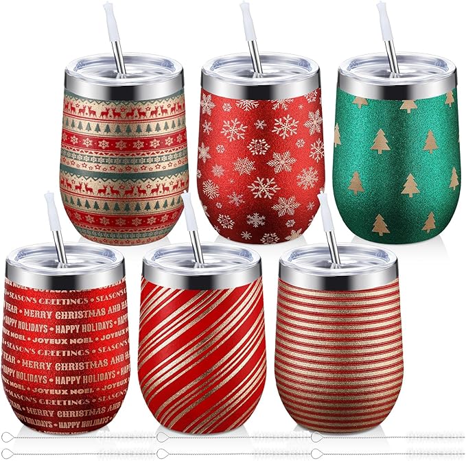 Sliner 6 Pack Pack Christmas Glitter Tumbler Bulk, 12 oz Holiday Wine Tumbler Set Stainless Steel Insulated Sparkling Glitter Cup with Lids Straws and Brushes Travel Mug Xmas Gift (Stripe Style)