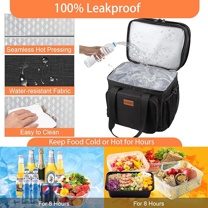 GLENKEY Expandable Insulated Large Lunch Box, Double Deck Heavy Duty Durable Lunch Bag Leakproof Cooler Bags for Men Women Adults Work Shift Flight Beach Daytrip, 20 Can, Black