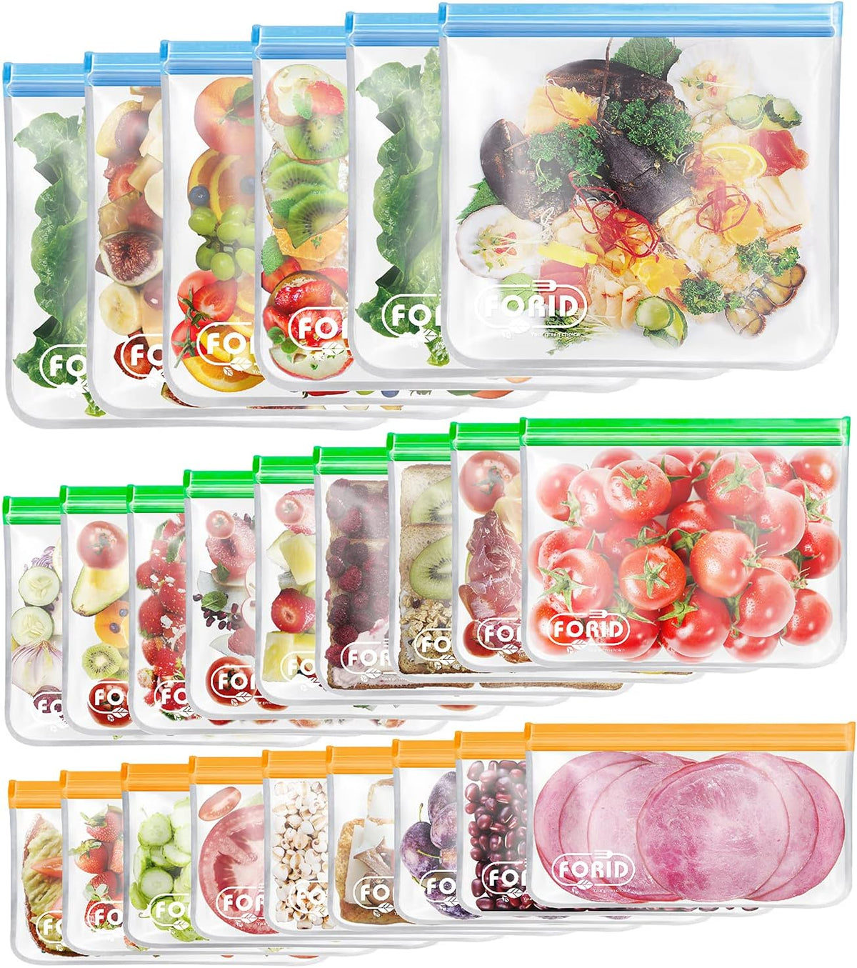 FORID 24 Pack Reusable Food Storage Bags, Silicone Gallon Freezer Bags, Sandwich Snack Resealable Lunch Bags, Extra Thick Leakproof for Marinate Food, Fruit Cereal Travel Items Home Kitchen