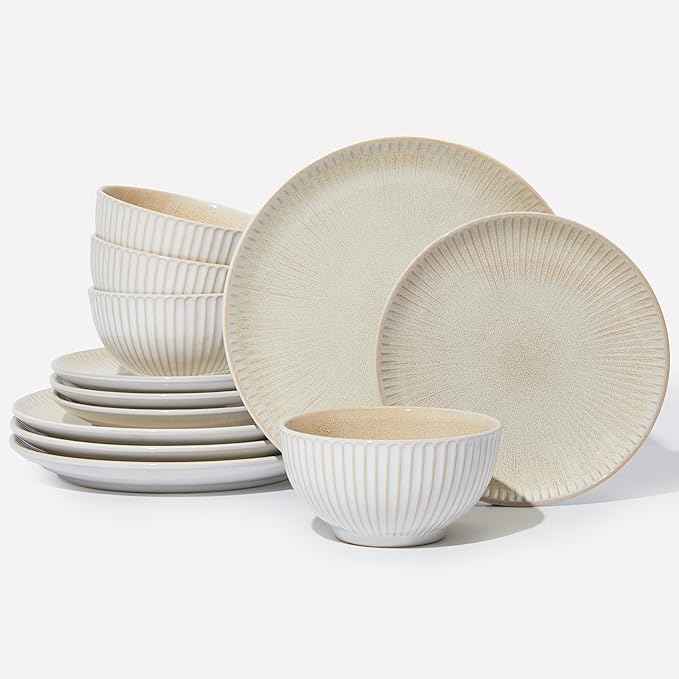 Ceramic Dinnerware Sets for 4, 12 Pieces Embossed Stoneware Plates and Bowls Sets, Scratch Resistant Dish Sets, Distinctive Granulated Surface, Housewarming Wedding Gift, Brown