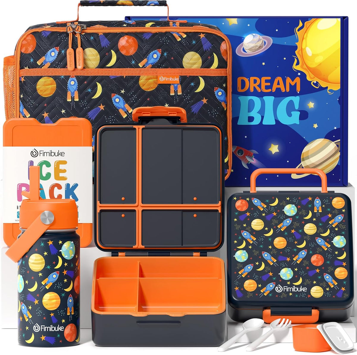 Fimibuke Kids Bento Lunch Box with 4 Compartments, Insulated lunch Bag, Stainless Steel Insulated Water Bottle, Ice Pack & Utensils Set, Birthday Gifts for Ages 3-12 Back to School Toddler Girls Boys