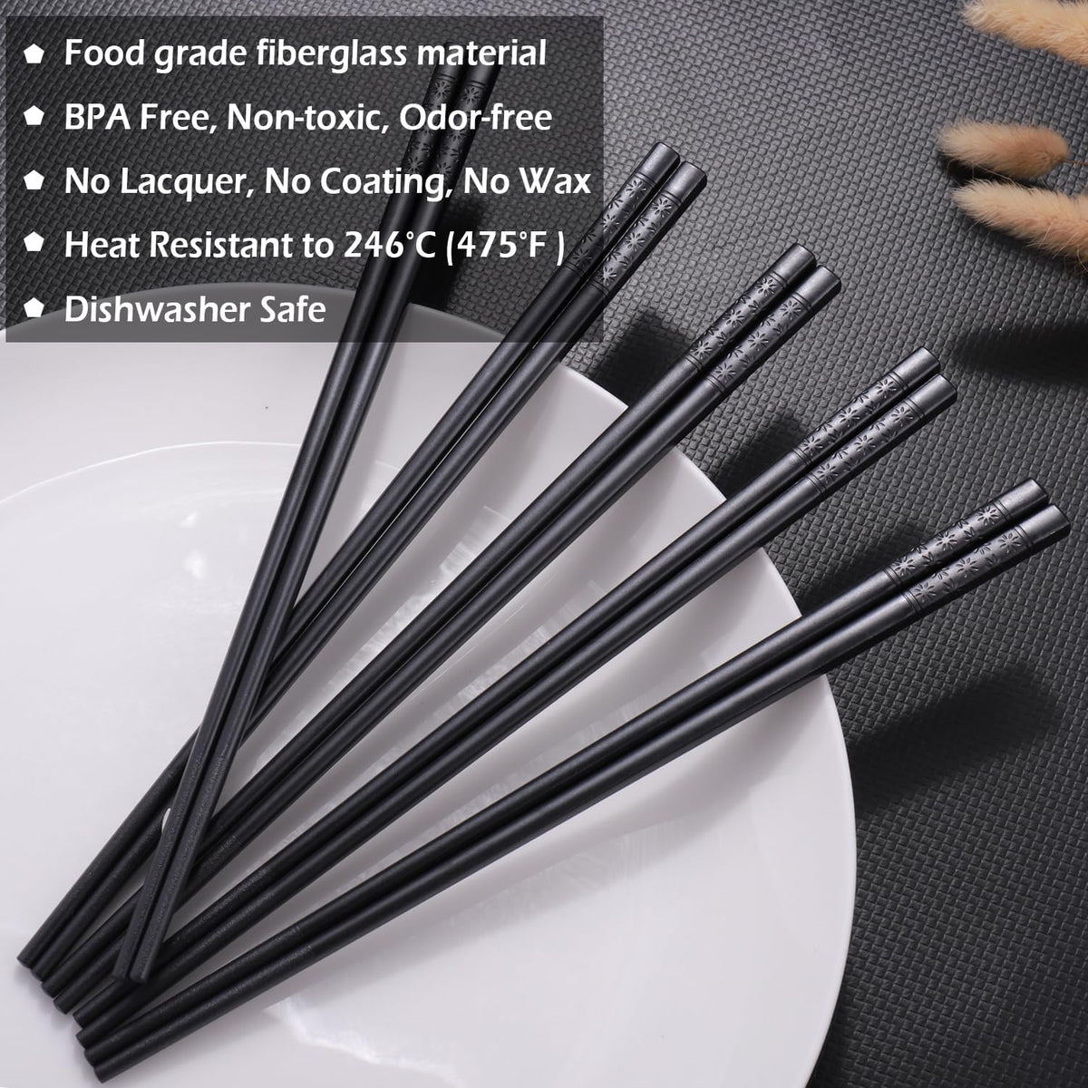 GLAMFIELDS 5 Pairs Premium Chopsticks Reusable Dishwasher Safe 9.5 Inch Fiberglass Chop Sticks Gift Set Non Slip Lightweight Cherry Blossom Pattern