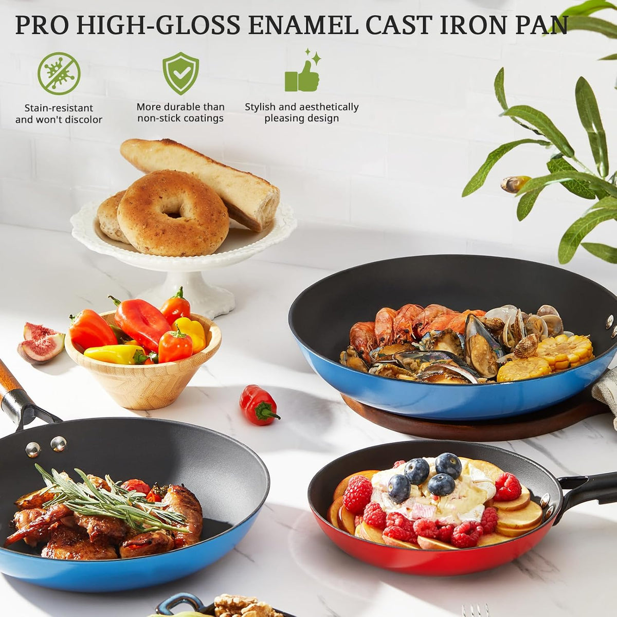 KITESSENSU Enameled Cast Iron Skillets - Non Stick Frying Pans Set with Durable Wooden Handle - 10&12 Inch Titanium Cast Iron Pans for Multi-Cooking - Pre Seasoned Cookware Set - Gradual Cobalt Blue