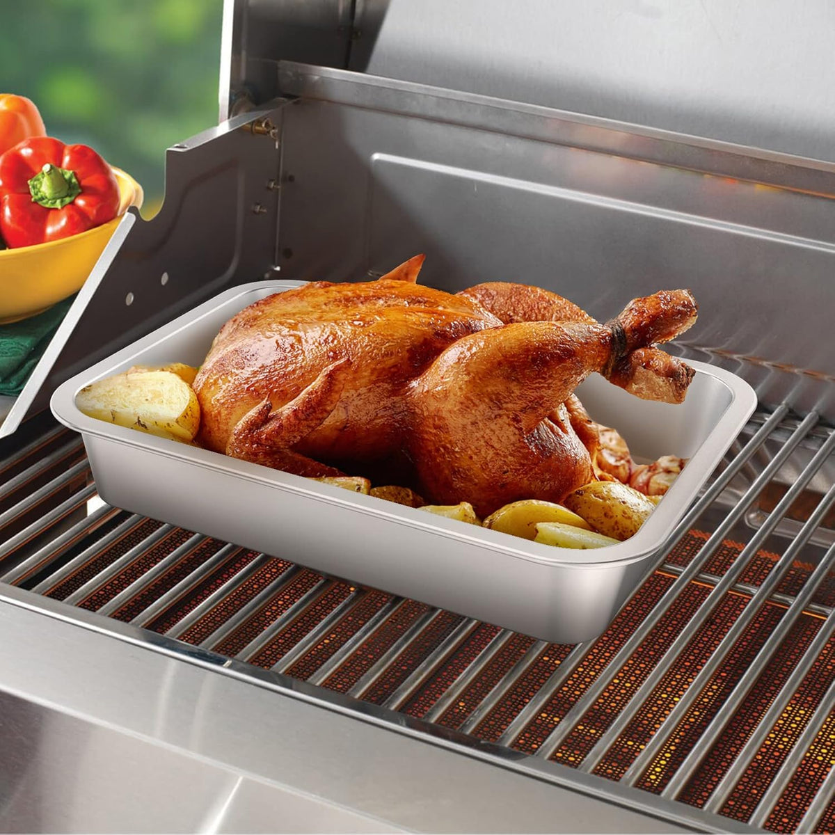 only fire Stainless Steel Baking Pan Roaster Ovens Cookie Sheet Barbeque Grilling Pan for Baking Breads, Grilling Chicken, Vegetables, Easy to Clean & Dishwasher Safe