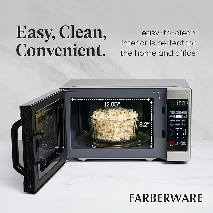 Farberware 0.7 Cu. Ft. Countertop Microwave Oven – 700 Watts Power, Auto Cook Settings, Defrost, Easy Clean and Child Safety Lock - Stainless