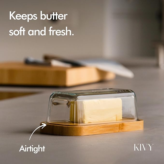 KIVY Glass butter dish with airtight lid that keeps butter soft - For countertop and refrigerator door shelf - Butter tray fridge - Butter holder for counter - Covered butter dishes with lid