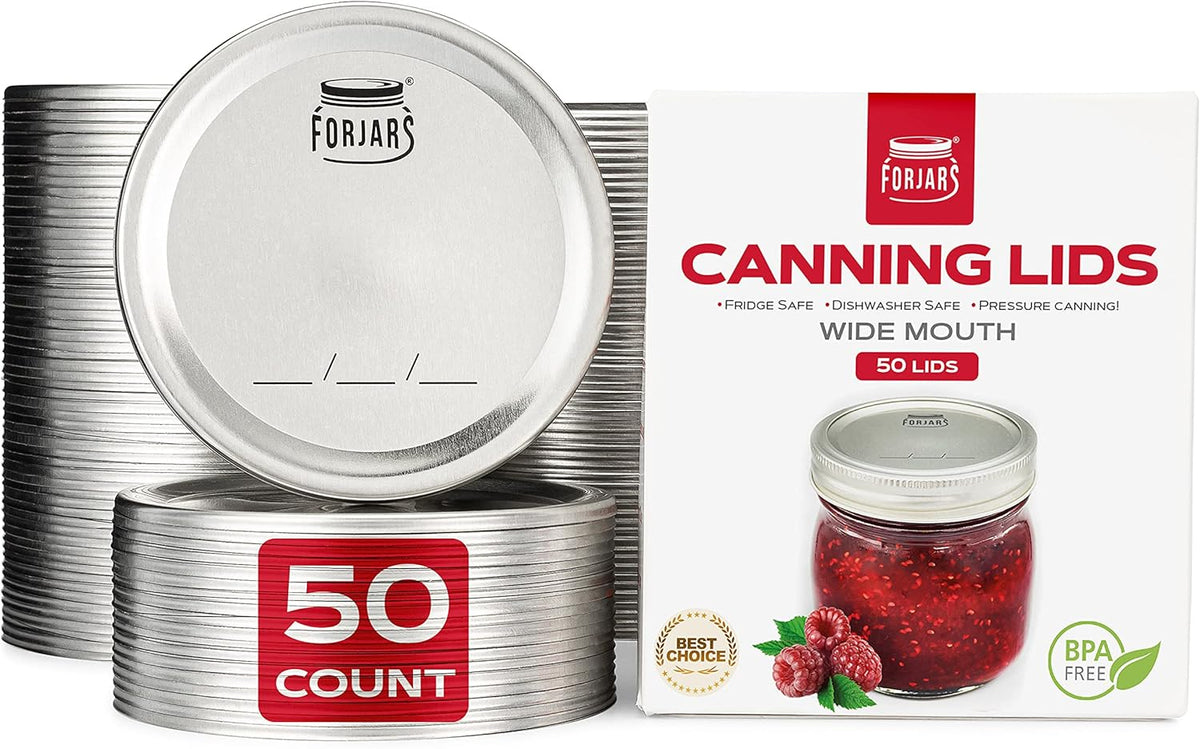 Wide Mouth Canning Lids, 50-Pack – Create Airtight Seals on Mason Jars to Preserve Food for Meal Prep & Emergency Food Storage – 3.4 In. Metal Lids with Silicone Seals – Canning Supplies by FORJARS