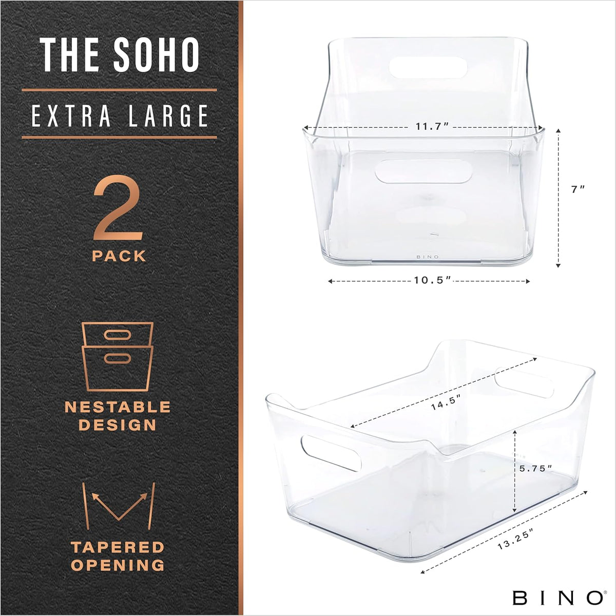 BINO | Plastic Storage Bins, X-Large - 2 Pack, Clear | THE SOHO COLLECTION | Pantry Organizers and Storage Containers Fridge Organizer Bins Kitchen Cabinet Organizer Medicine Cabinet Organizer Bin